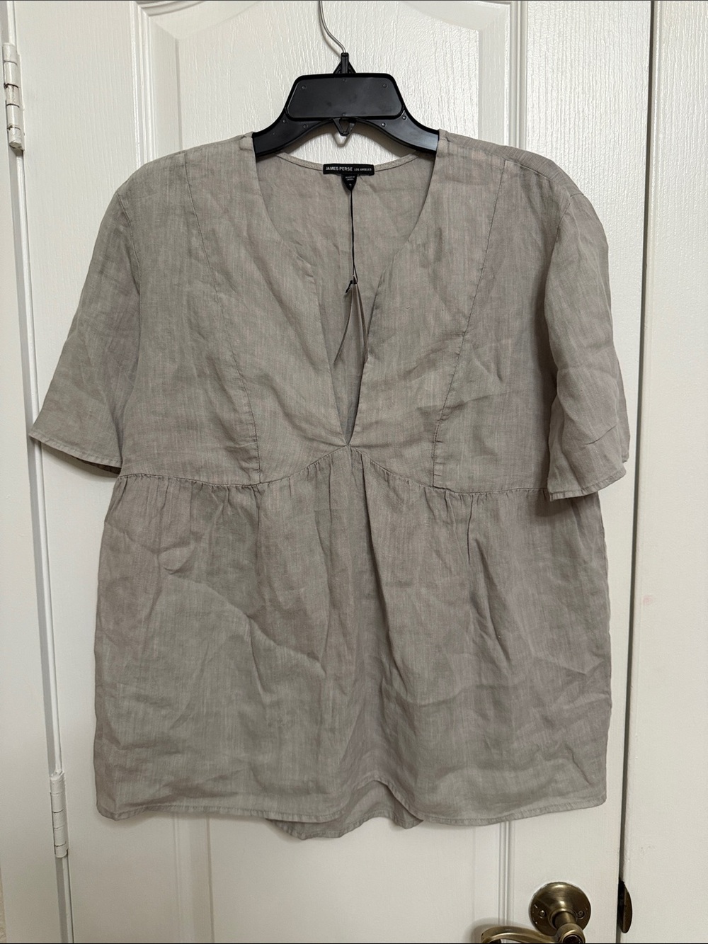 James Perse Linen V-Neck Tunic Top — Taupe Gray